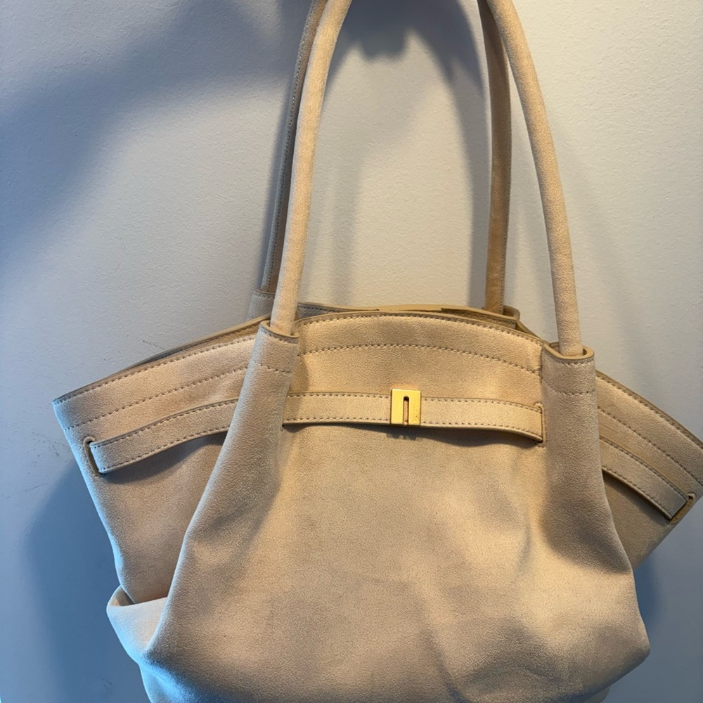 JW PEI Light Beige Suede-Look Shoulder Bag with Gold Accent